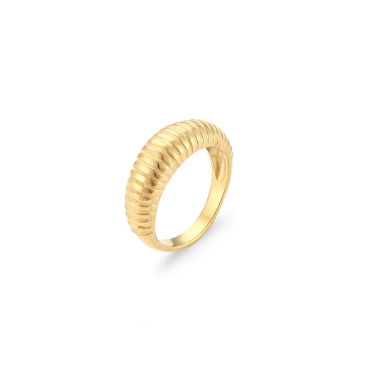 Gold ring with a ribbed texture on a white background