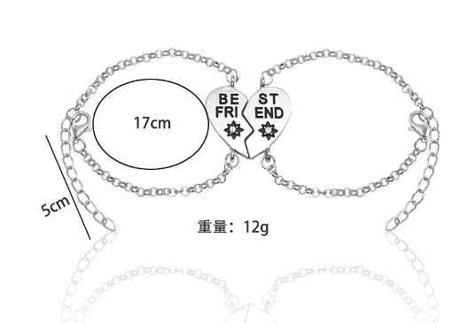 Silver bracelet with heart-shaped charm and measurement details on a white background
