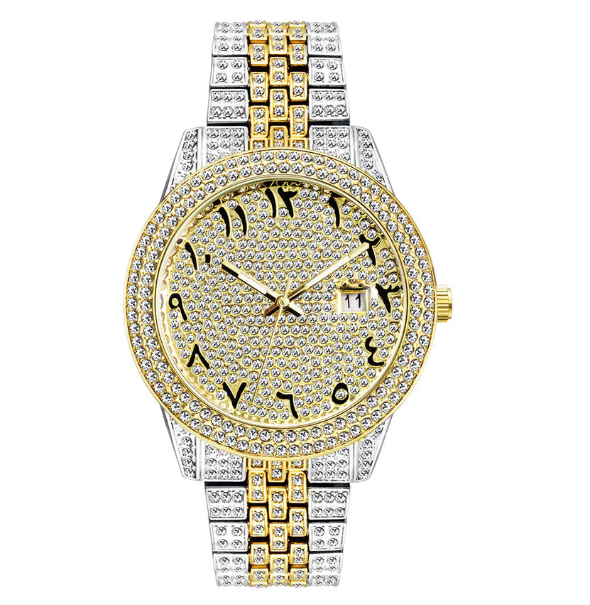 Luxury watch with gold and silver band and diamond-studded face on a white background